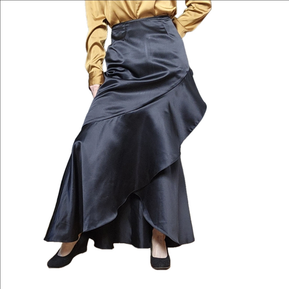 Black Maxi Skirt Satin Ruffle Vintage Elegant Mermaid skirt Evening J.R. NITES